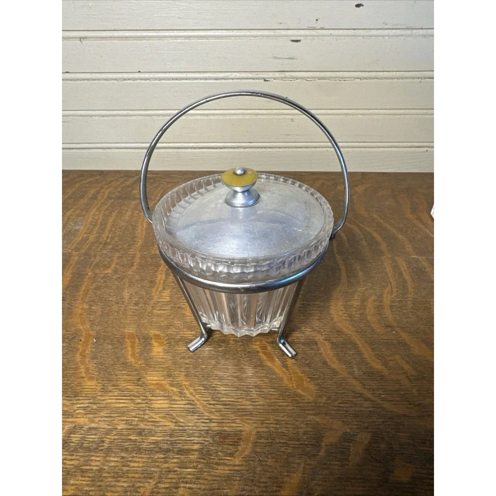 Vintage Pressed Glass Ice Bucket Chrome Stand Lid Yellow Knob Mid Century